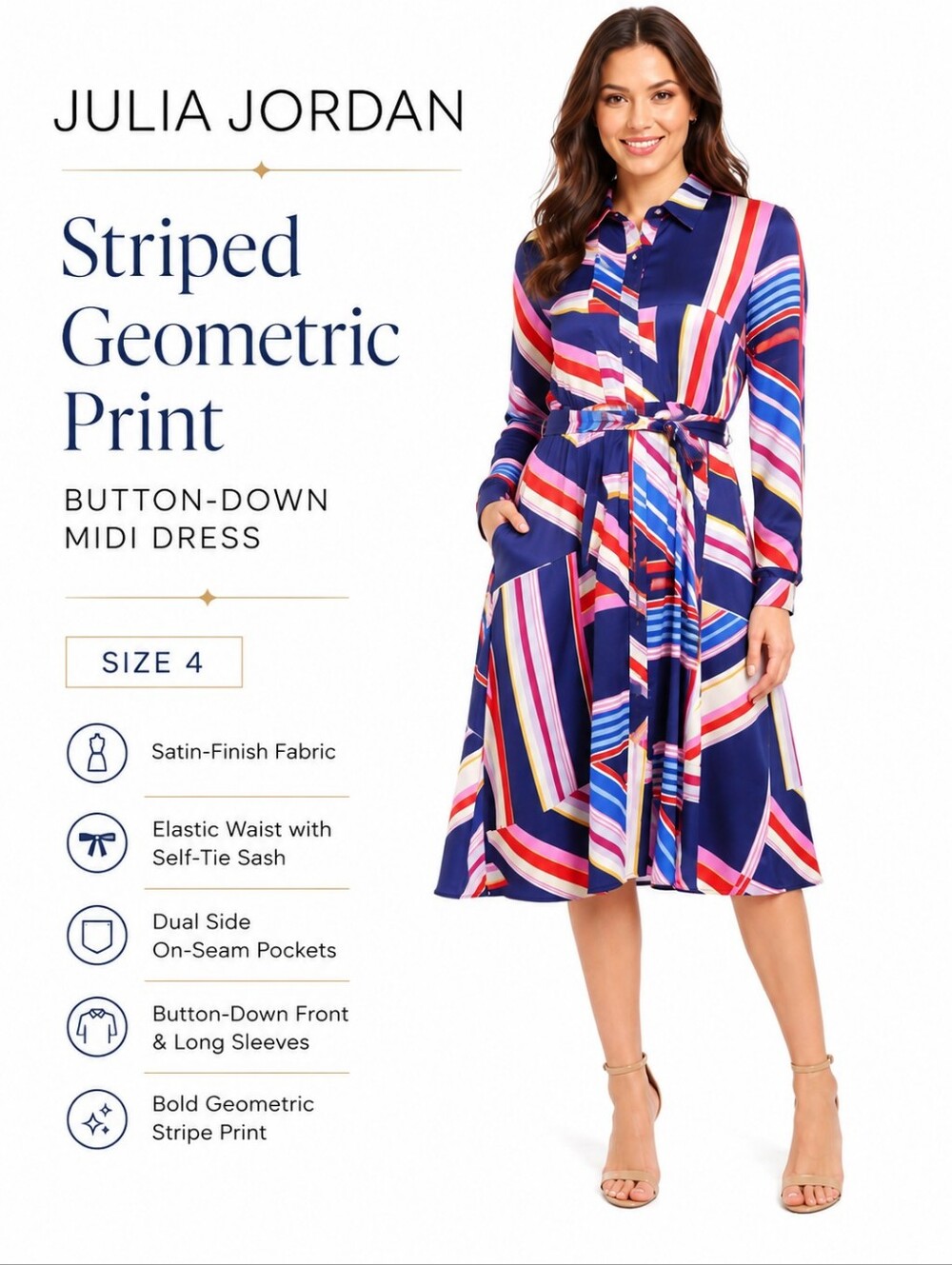 Julia Jordan Striped Geometric Print Button Down Midi Dress Siz…